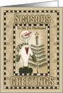 Seasons Greetings Ex-Husband checkered frame with grinning snowman and tree card