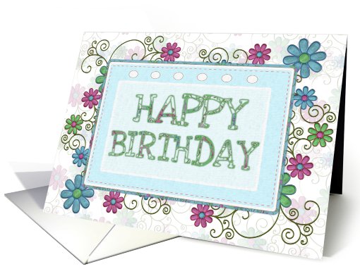 Happy Birthday swirls and flowers framed card (751419)
