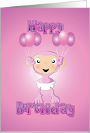baby chimp balloons pink - happy birthday card
