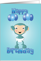 baby chimp balloons blue - happy birthday card