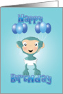 baby chimp balloons blue - happy birthday card