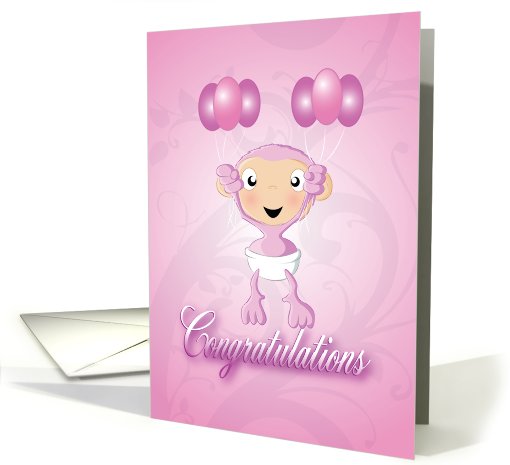 baby chimp balloons pink - congratulations card (523758)