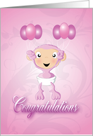 baby chimp balloons pink - congratulations card