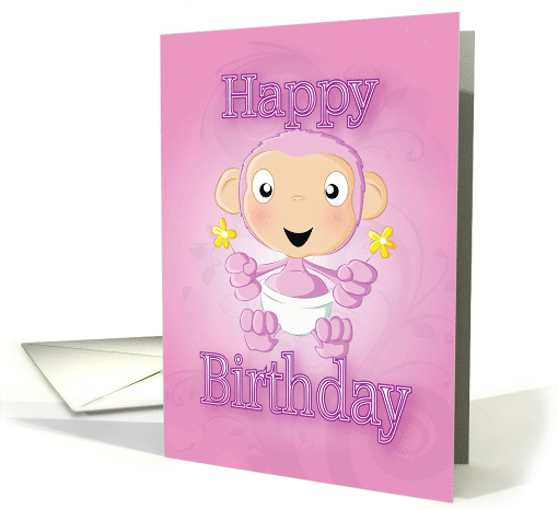 baby chimp - flowers - pink card (525539)