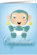 baby chimp - flowers - blue(congratulations) card