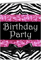 Birthday Party Invitation, Black/White/Hot Pink card