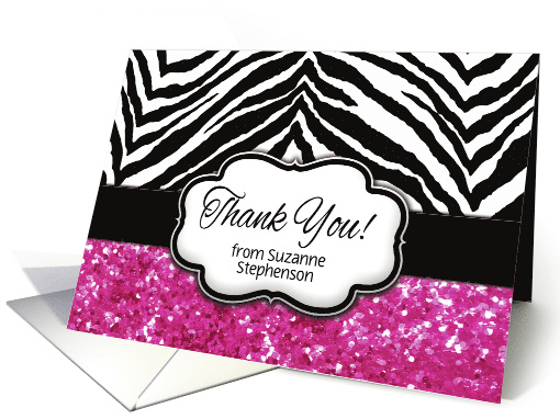 Custom Pink and Black Animal Pattern Stripe Thank You Zebra Print card