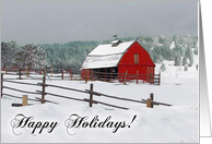 Happy Holidays, Red Barn in Scenic Winter Horse Farm Card