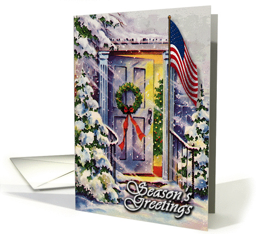 Patriotic Front Door Season's Greetngs Card, American Flag Entry card