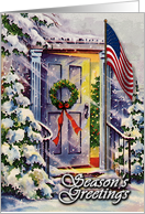 Patriotic Front Door Season’s Greetngs Card, American Flag Entry card