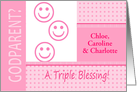 Triplet Girls Pink Godparent Invitation Dots and Stripes Photocard card