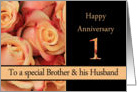 1st Anniversary, Brother & Husband multicolored pink roses card