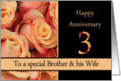 3rd Anniversary, Brother & Wife multicolored pink roses card