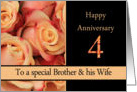 4th Anniversary, Brother & Wife multicolored pink roses card