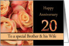 20th Anniversary, Brother & Wife multicolored pink roses card