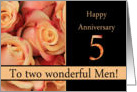 5th Anniversary to gay couple - multicolored pink roses card