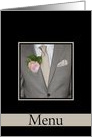 Menu Wedding Dinner Grey Suit and Boutonnière card