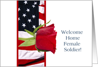 Welcome Home Female Soldier Rose on American Flag card