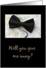 Give me away request Bow tie and rings on wedding dress card