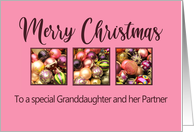 Granddaughter and her Partner Merry Christmas Colored Baubles on Pink card