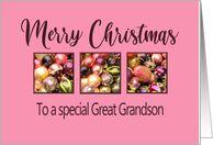 Great Grandson Merry Christmas Colored Baubles on Pink card