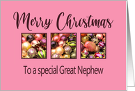 Great Nephew Merry Christmas Colored Baubles on Pink card