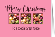 Great Niece Merry Christmas Colored Baubles on Pink card
