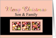 Son & Family - Merry Christmas Colored ornaments, pink/black card