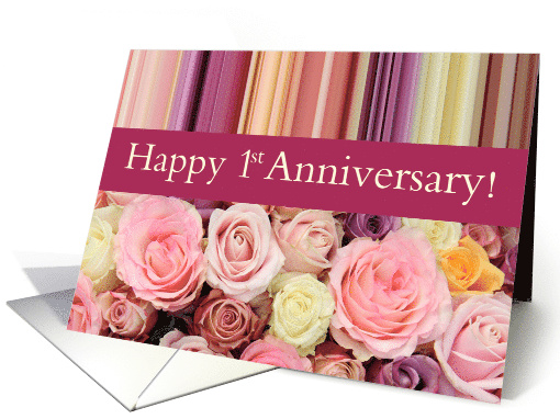 1st Wedding Anniversary Pastel Roses and Stripes card (1084134)