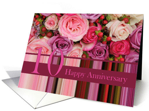 10th Wedding Anniversary Card - Pastel roses and stripes card