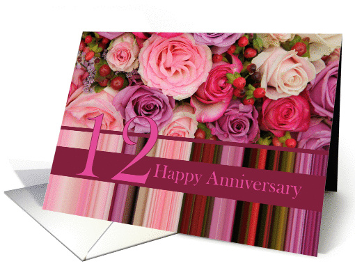 12th Wedding Anniversary Card - Pastel roses and stripes card