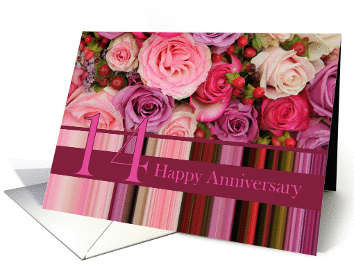 14th Wedding Anniversary Card - Pastel roses and stripes card
