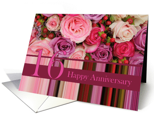16th Wedding Anniversary Card - Pastel roses and stripes card