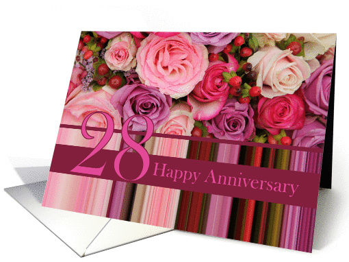 28th Wedding Anniversary Card - Pastel roses and stripes card