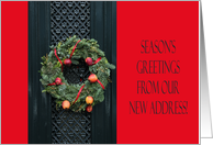 Season’s Greetings - Christmas wreath on door address announcement card