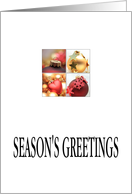 Season’s Greetings - 4 Ornament collage in red and gold card