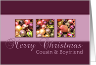 Cousin & Boyfriend - Merry Christmas, purple colored ornaments card