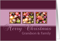 Grandson & Family - Merry Christmas, purple colored ornaments card