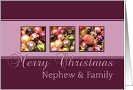 Nephew & Family - Merry Christmas, purple colored ornaments card