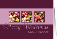 Son & Fiancee - Merry Christmas, purple colored ornaments card