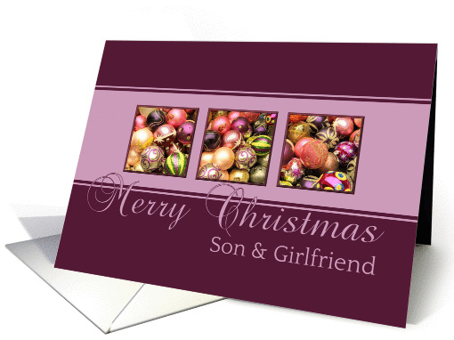 Son & Girlfriend - Merry Christmas, purple colored ornaments card