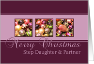 Step Daughter & Partner - Merry Christmas, purple colored ornaments card