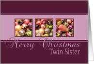 Twin Sister - Merry Christmas, purple colored ornaments card