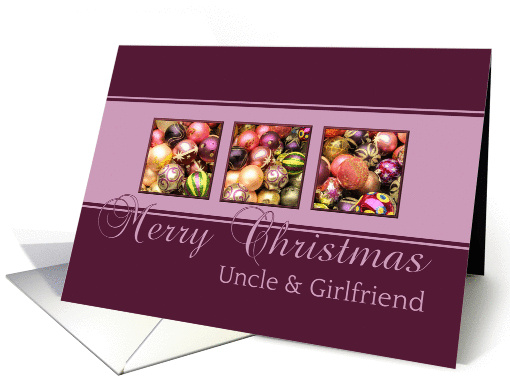 Uncle & Girlfriend - Merry Christmas, purple colored ornaments card