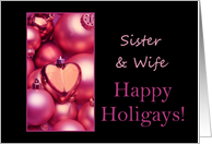 Sister & Wife Happy Holigays Pink ornament Gay & Lesbian card