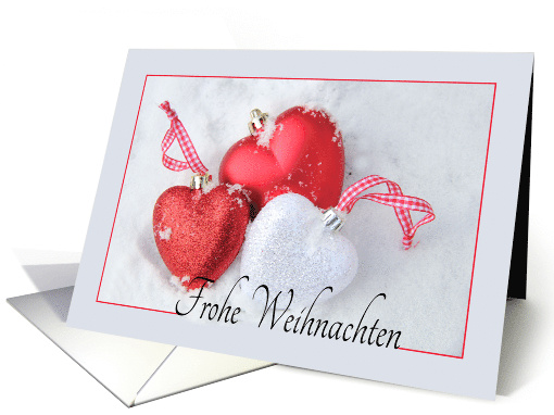 Frohe Weihnachten, German Christmas Heart Shaped Ornament in Snow card