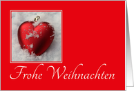 Frohe Weihnachten, German Christmas Heart Shaped Ornament in Snow card