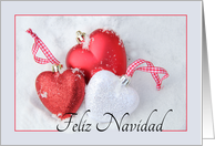 Feliz Navidad, Spanish Christmas Heart Shaped Ornament in Snow card