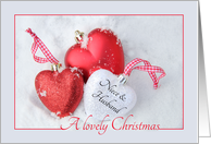 Niece & Husband - A Lovely Christmas, heart shaped ornaments card