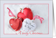 Step Brother & Wife - A Lovely Christmas, heart shaped ornaments card